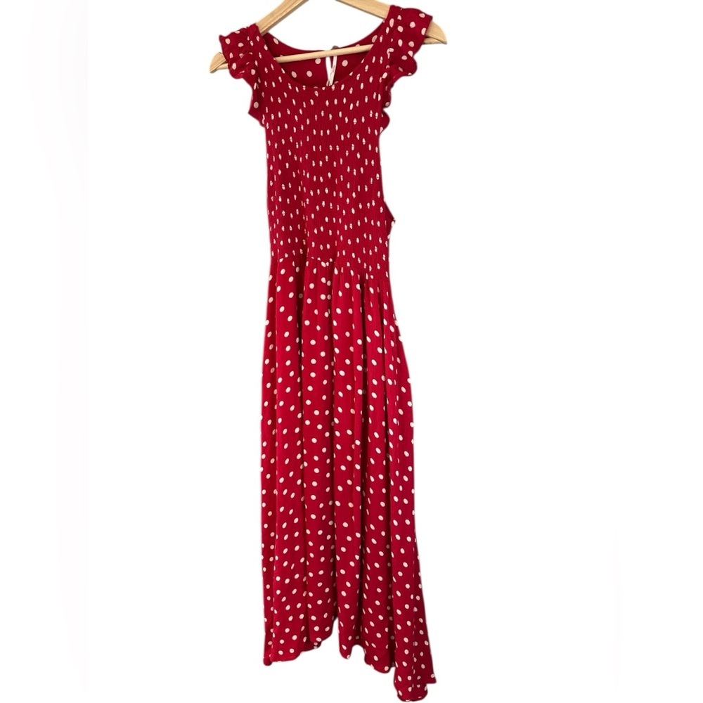 Free People Butterflies Smocked Midi Dress in Red Polka Dot - Picture 5 of 14